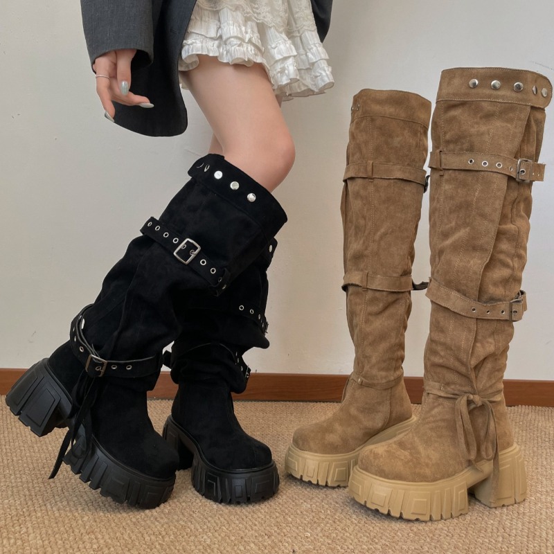 Women'S Fashion Knee High Boots - รองเท้าบูทผู้หญิงสไตล์พังก์แฟชั่นปี 2026 พร้อมสายรัดหัวเข็มขัด ความยาวถึงเข่า ตกแต่งหมุดโลหะ พื้นหนา