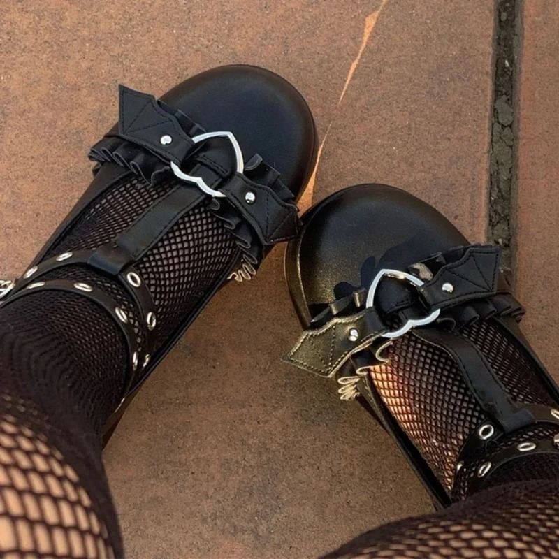 Women'S Fashion Shoes - รองเท้าส้นเตารีดแบบมีสายรัดรูปหัวใจสีชมพูสำหรับผู้หญิง สไตล์โลลิต้า พังก์ กอธิค คอสเพลย์ ไซส์