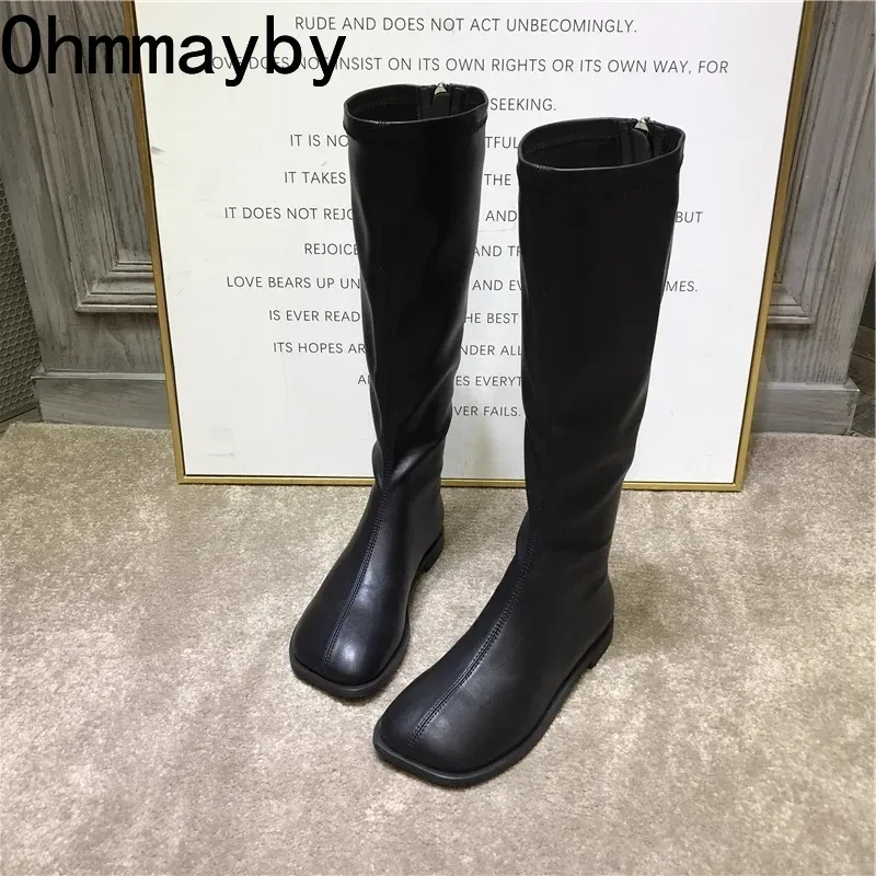 Women'S Fashion Knee High Boots - รองเท้ารองเท้าบูทยาวถึงเข่าแฟชั่นผ้ายืดสไตล์สตรีทรองเท้าบูทยาวรองเท้าบูทหุ้มข้อสี่เหลี่ยมหรูหราทันสมัย