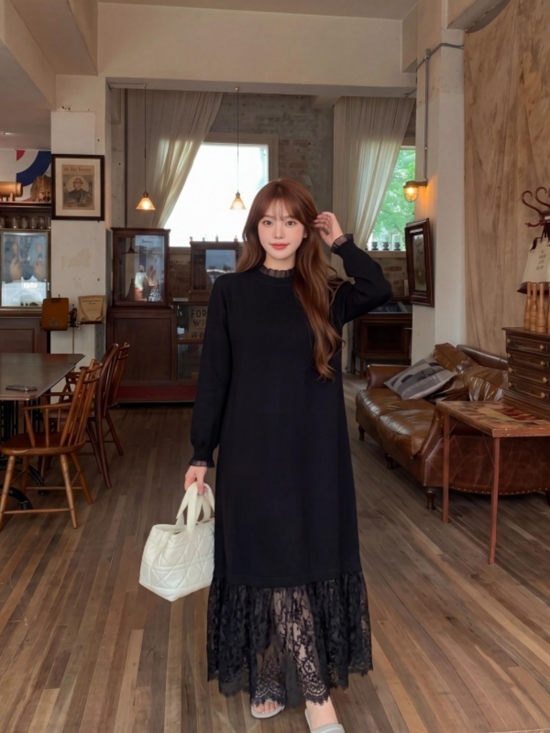 Women Fashion Over The Years - ชุดเดรสถักลายลูกไม้ ชายกระโปรงระบาย เอวสูง ทรงเอ ยาวคลุมเข่า สไตล์ลำลอง