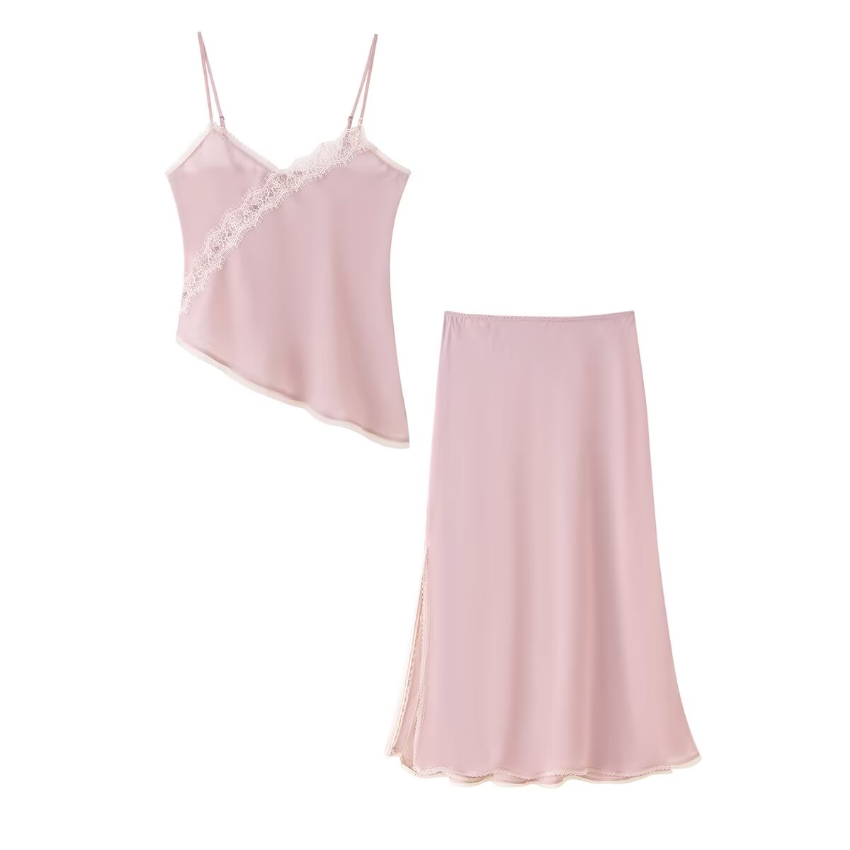 ชุดเสื้อสายเดี่ยวสีชมพูและกระโ - Lace Trim Cami บทวิจารณ์และราคา